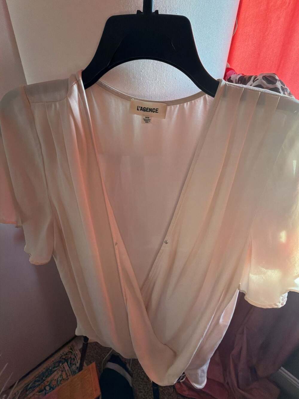 L'Agence Wrap Blouse Size M Ivory Silk V-Neck Short Sleeve Top